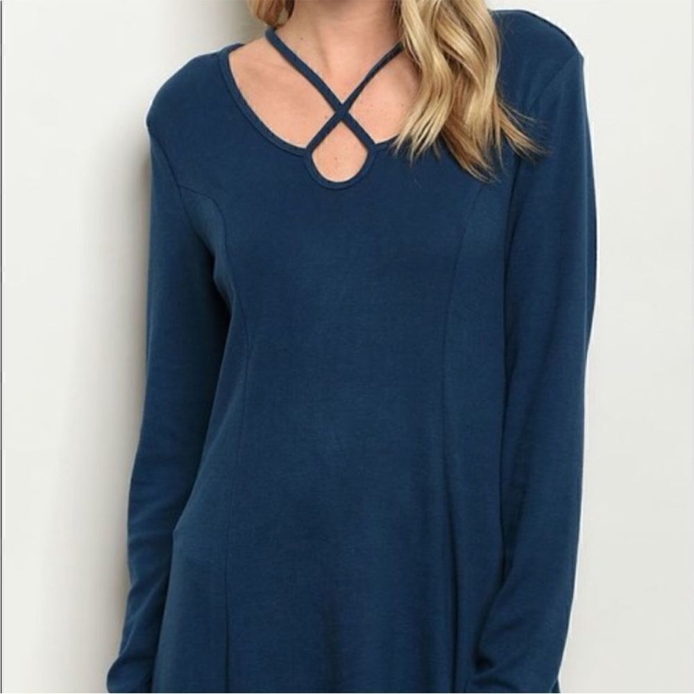 Teal Solid Cross Strap Neckline Long Sleeve Tunic Dress​​​​​​​​​​​​​​​​​